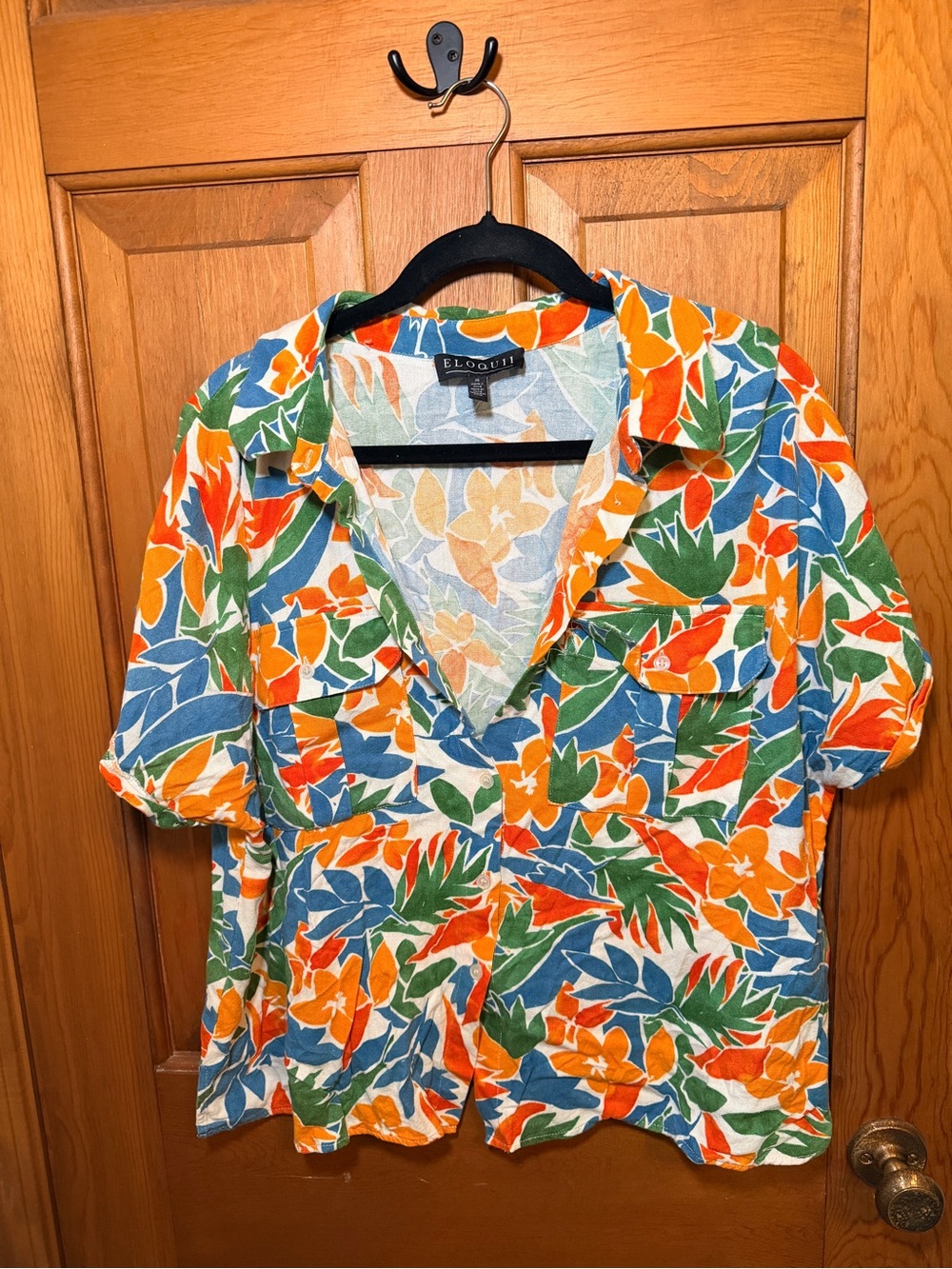 Eloquii Orange Blue Green Floral Button-Down Shirt